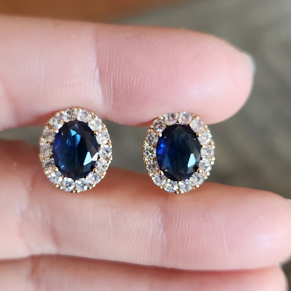 New 18K Gold Plated Oval Cut Blue Sapphire Diamond Hoop Earrings for Women
